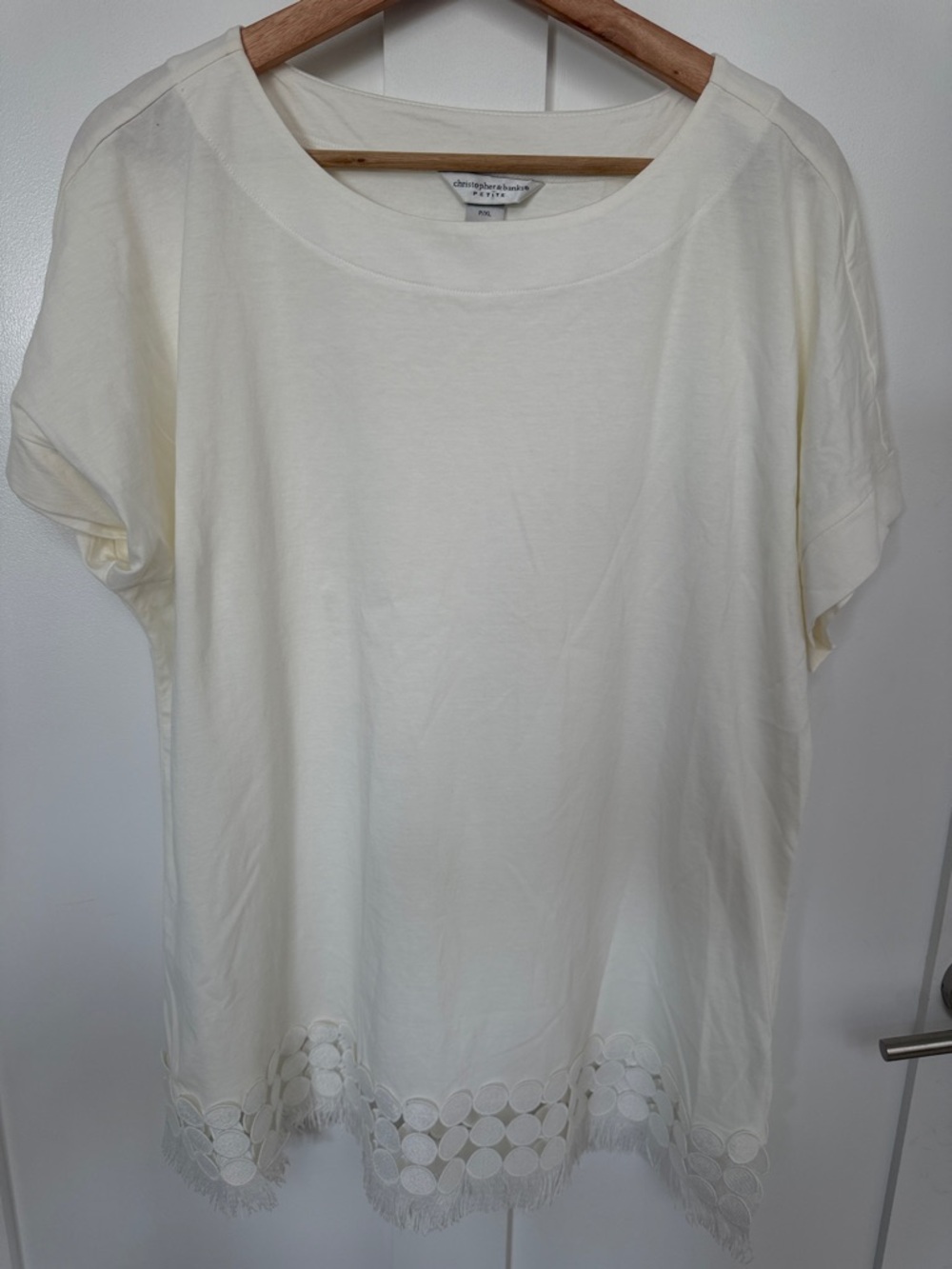 Christopher & Banks Cream Short-Sleeve Tee with Lace Circle Hem